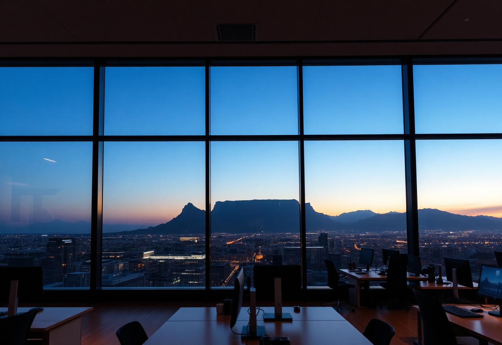Modern Cape Town office at dusk overlooking Table Mountain